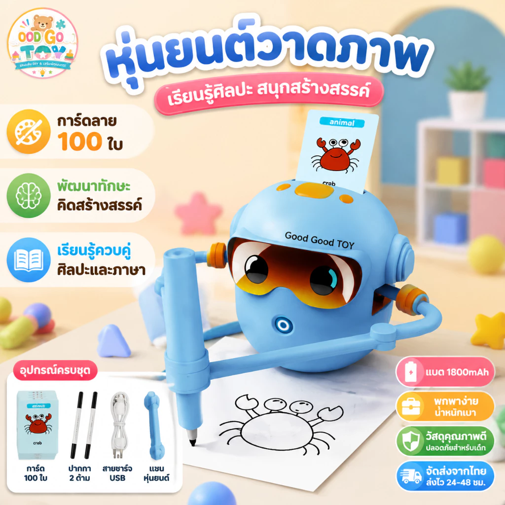 หุ่นยนต์สอนวาดรูปสำหรับเด็ก พร้อมการ์ด 100 ใบ ของเล่นวาดภาพสร้างสรรค์ ฝึกการใช้มือ สมาธิและจินตนาการ