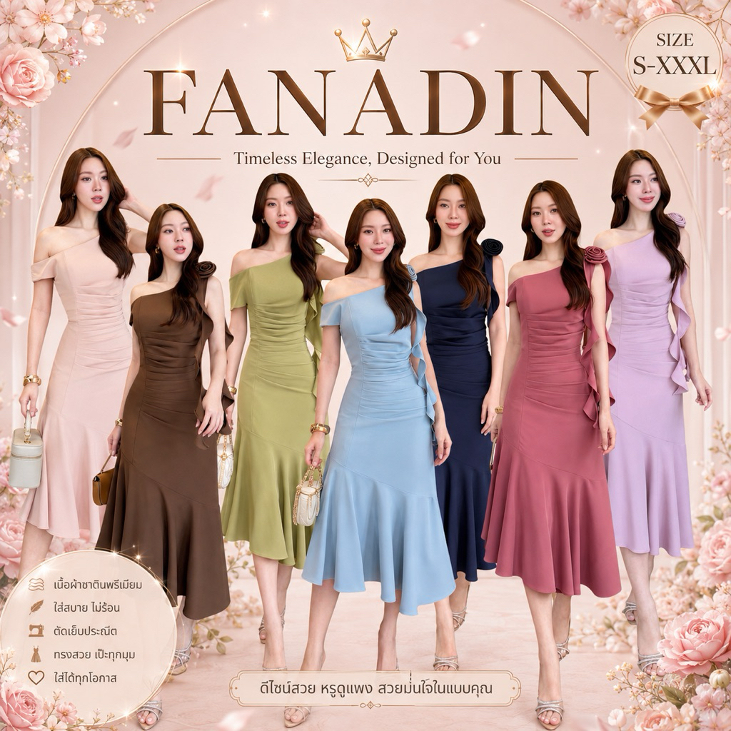 ชุดเดรส ชุดออกงาน ชุดราตรี FP081 เกรดพรีเมี่ยม เดรสปาดไหล่เฉียง มีเข็มกลัดดอดไม้