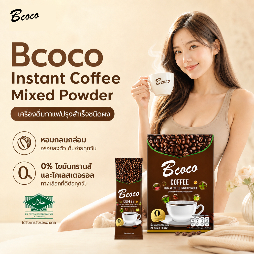 Bcoco Instant Coffee Mixed Powder กาแฟสำเร็จรูปบีโคโค่ สูตรอิ่มนาน เข้มข้น หอม อร่อย (15กรัม×10ซอง)