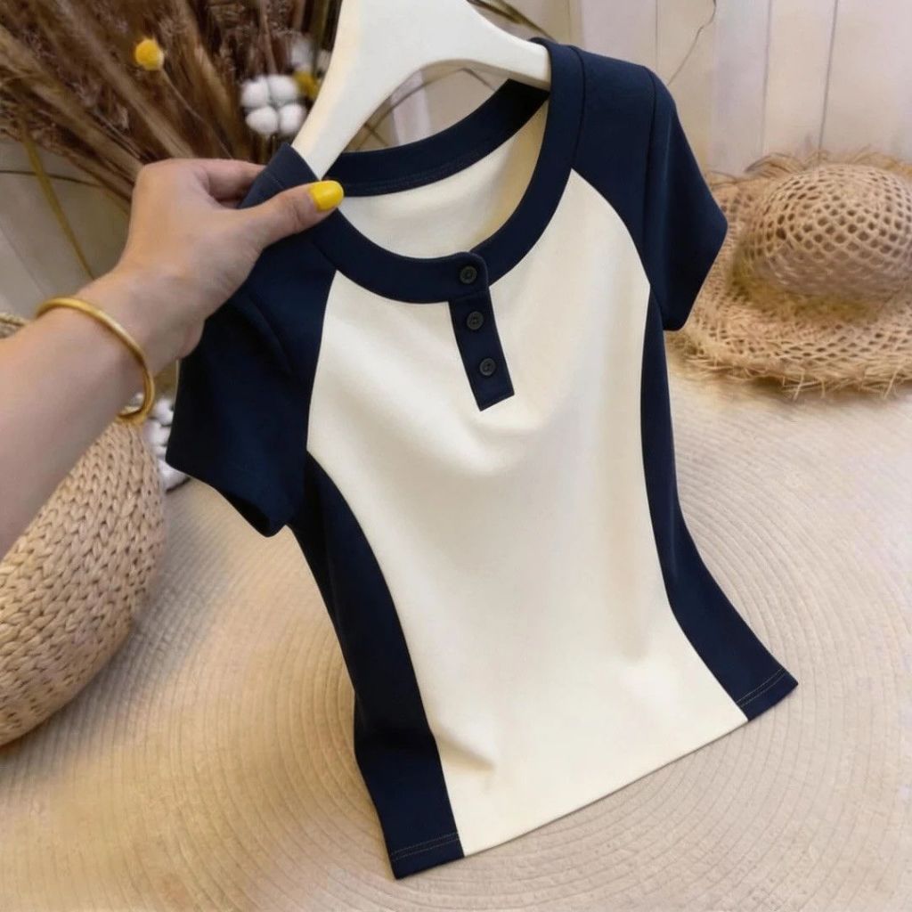 เสื้อยืดคอกลมแขนสั้น ต่อผ้าสีตัดกัน ผู้หญิง กระชับสัดส่วน