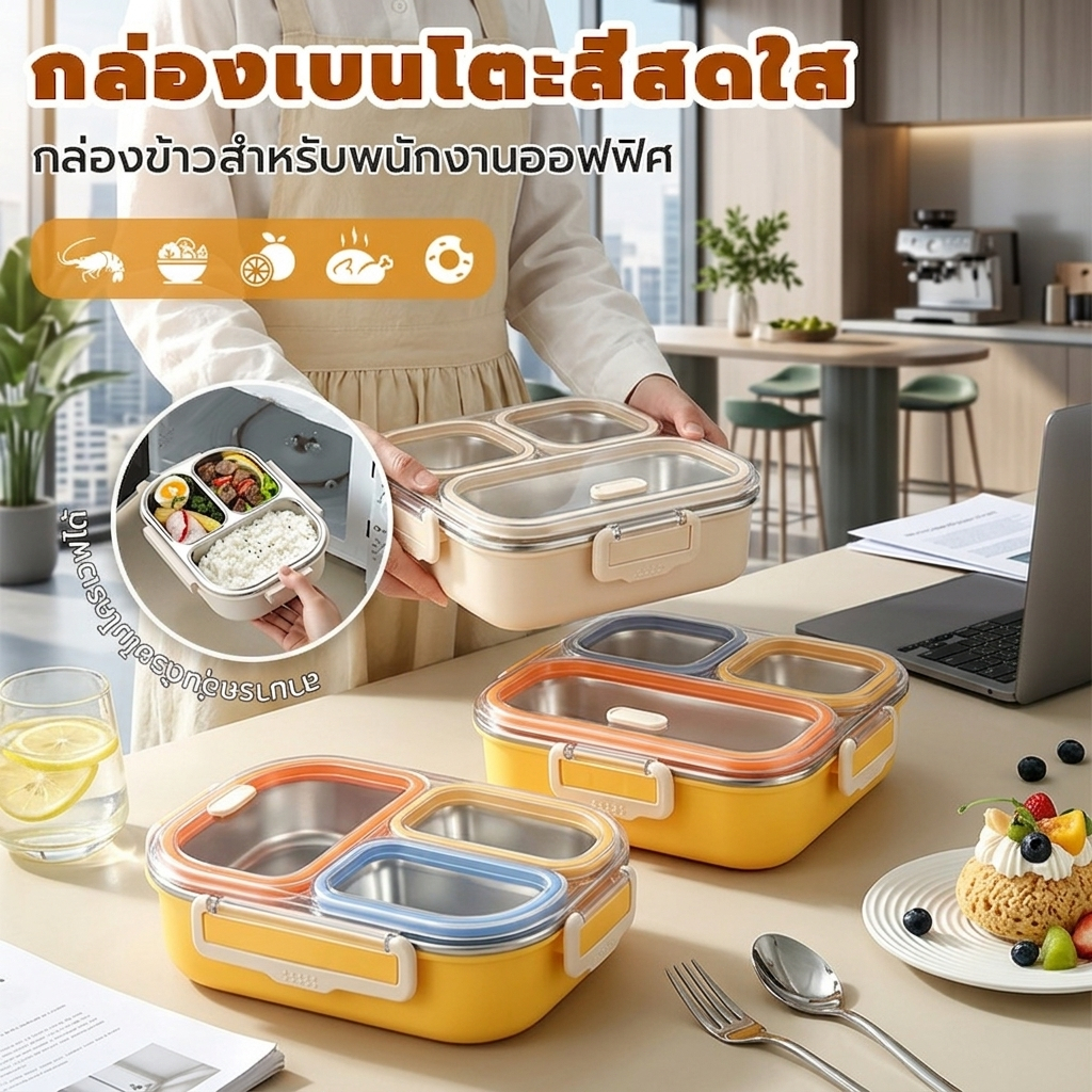 Thermos Bentobox กล่องข้าวสแตนเลส304 3ช่อง กันกลิ่น ไมโครเวฟได้ ซีลสนิท พกพางานออฟฟิศ พร้อมส่ง