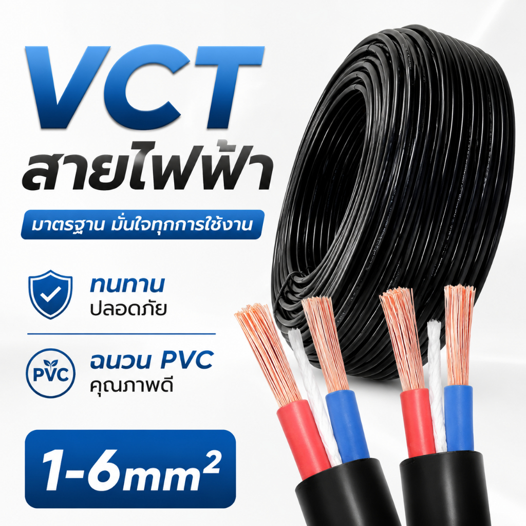 [50 เมตร] สาย VCT 2C 1-6 mm² มอก. นำไฟฟ้าดี ทนทาน ตัดแบ่งได้