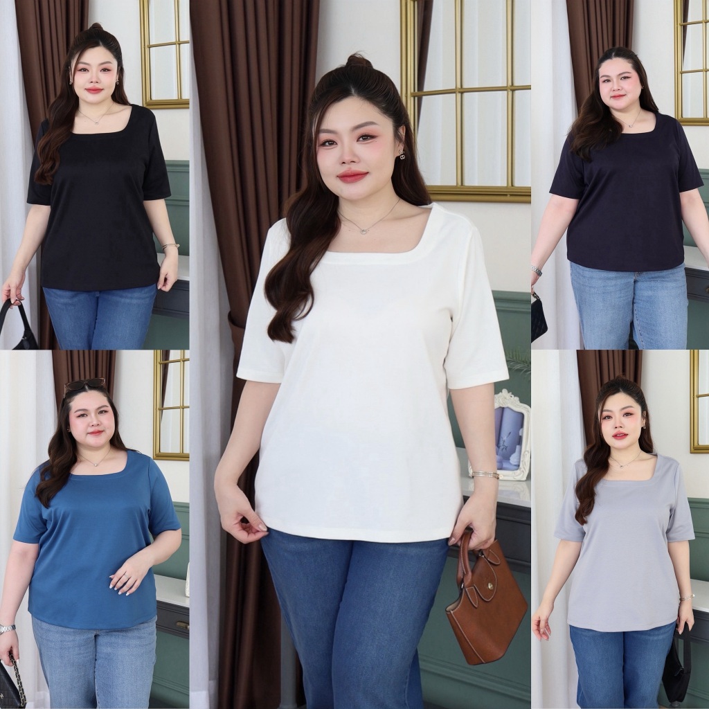 เสื้อยืดคอยู เสื้อยืดสาวอวบ ผ้ายืดเนื้อดี อยู่ทรงสวย ใส่สบาย เสื้อยืดพลัสไซส์ เสื้อยืดไซส์ใหญ่ แฟชั่นสาวอวบ S280-0059