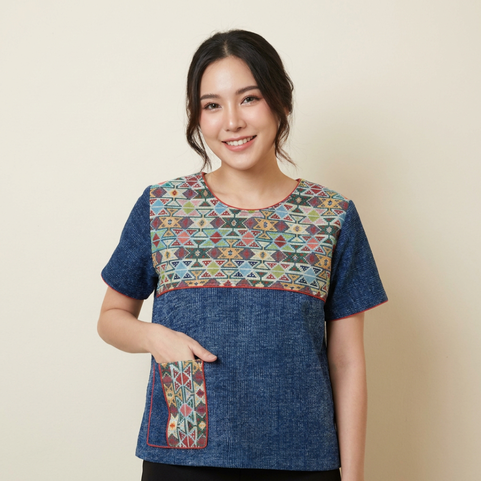 เสื้อผ้าฝ้ายชินมัยม่อฮ่อมสโตน คอกลมแขนสั้น แต่งผ้าทออาข่า ฟรีไซส์ อก 44 นิ้ว เสื้อพื้นเมืองเชียงใหม่
