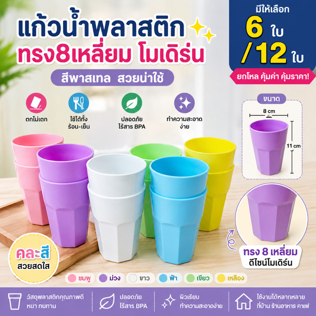 แก้วพลาสติก แก้วน้ำทรง 8 เหลี่ยม ทรงสูง โมเดิร์น สีพาสเทล แก้วน้ำไม่แตก 6 ใบ 12 ใบ ขนาด 8x11cm