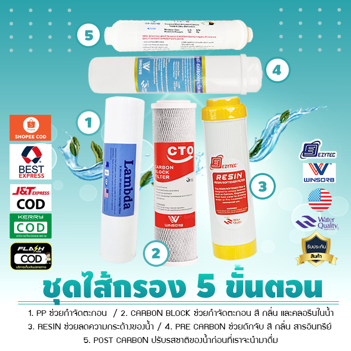 ชุดไส้กรองน้ำ 5 ขั้นตอน ขนาด 10 นิ้ว ใช้สำหรับใส่เครื่องกรอง 5 ขั้นตอน ธรรมดา เจ๊ตุ่ม