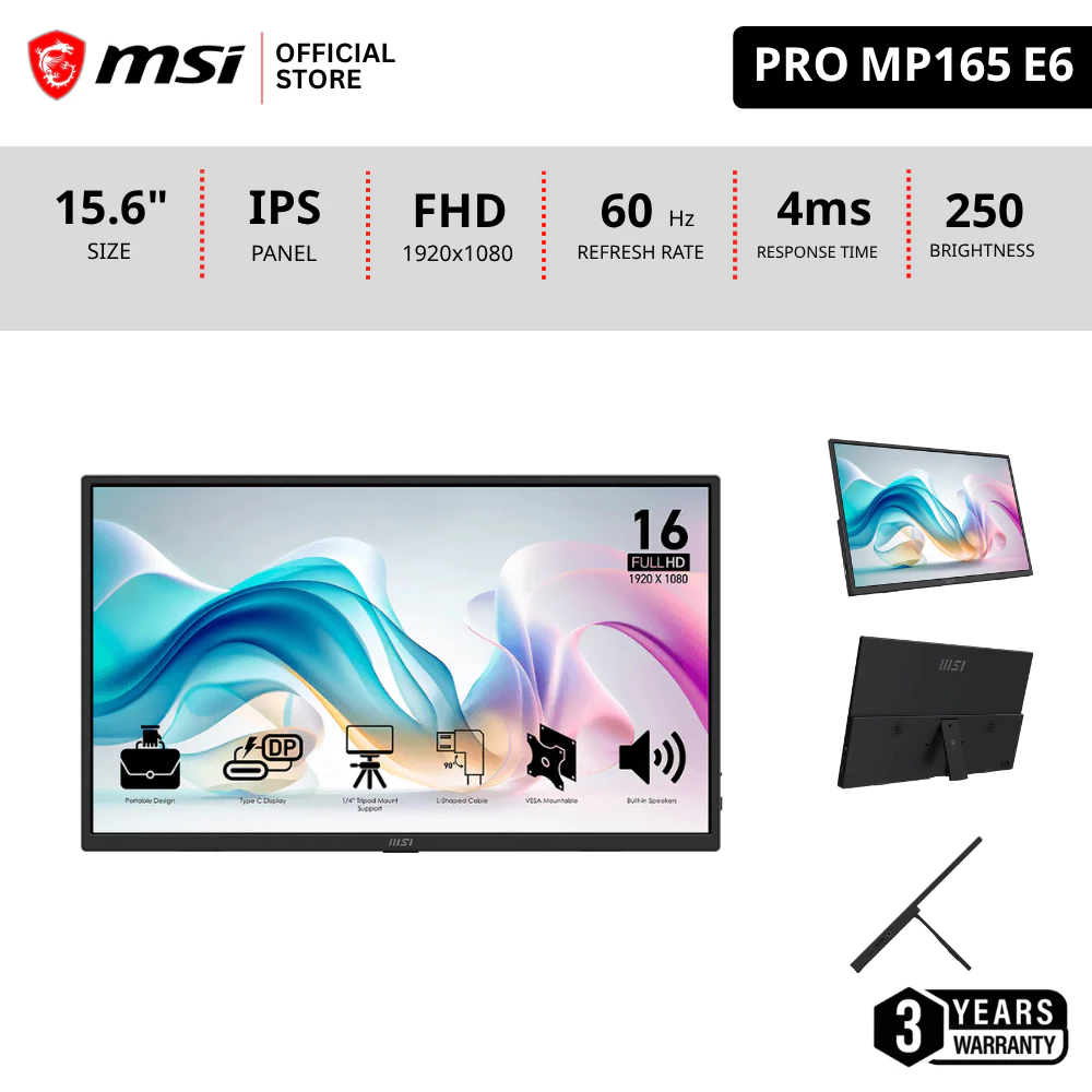 MSI PRO MP165 E6 Portable Monitors จอคอมพิวเตอร์แบบพกพา 15.6นิ้ว IPS