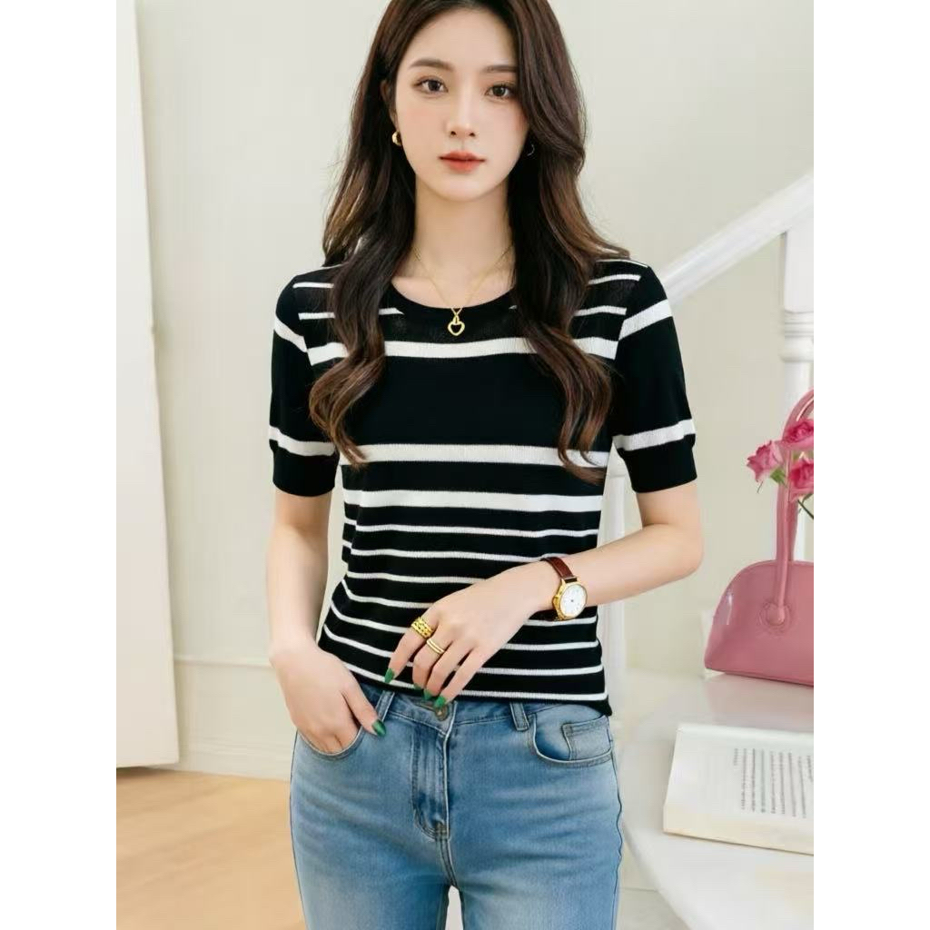 *Miki-Shop* เสื้อยืดผ้าไหมลายทาง เรียบหรูดูดี งานเกรดดีเยี่ยมG4-39033*