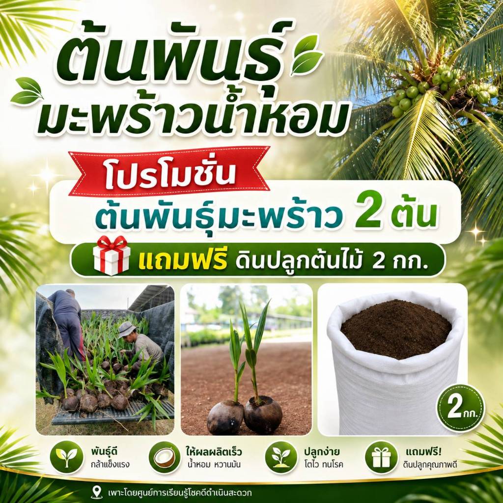 ต้นพันธุ์มะพร้าวน้ำหอมบ้านแพ้ว โปรโมชั่น 2 ต้น แถมฟรีดินปลูกต้นไม้ 2 กก.