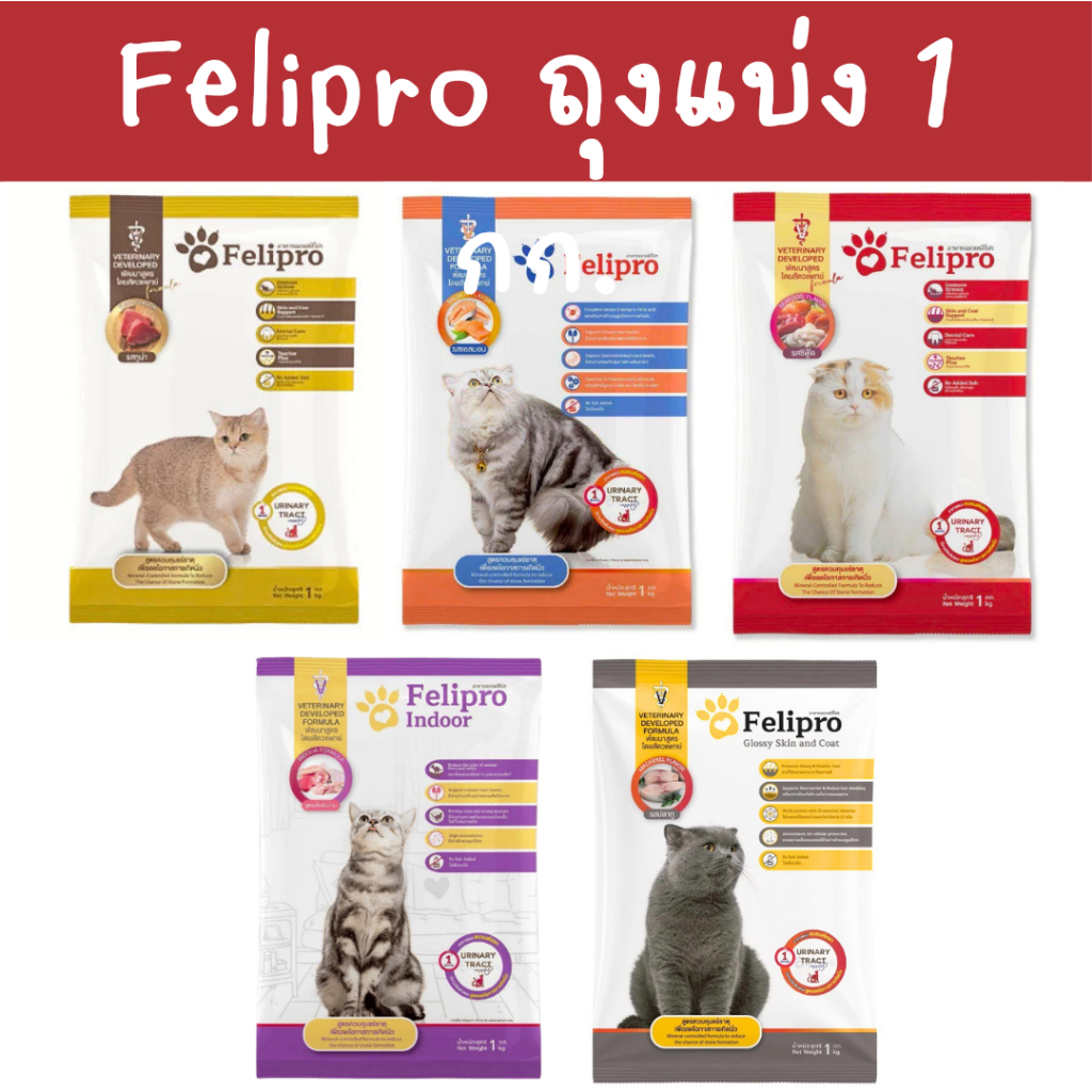 Felipro อาหารแมว 1kg ถุงแบ่งจากบริษัท โซเดียมต่ำ  ลดความเสี่ยงการเกิดนิ่ว บำรุงขน ผิวหนัง และสายตา