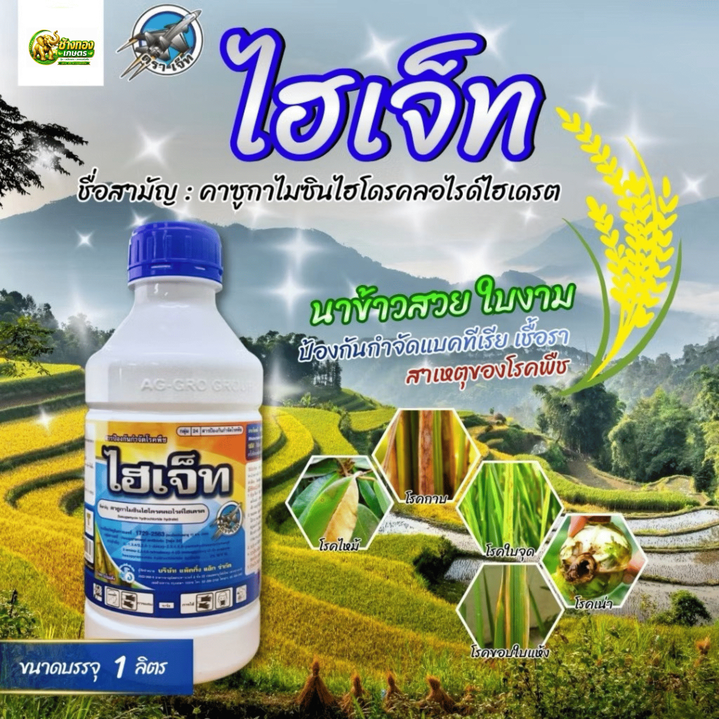 ไฮเจ็ท (ขนาด 1 ลิตร)คาซูกาไมซินไฮโดรคลอไรด์ไฮเดรด 2%SL เชื้อราและแบคทีเรีย ขอบใบแห้ง แพ็กกิ้งแอก