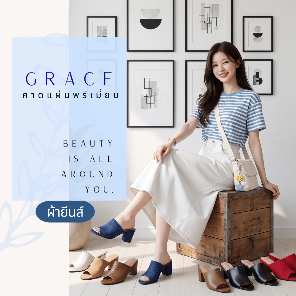 GRACE ผ้ายีนส์ รุ่นคาดแผ่น ส้น 2.5นิ้ว รองเท้าแฟชั่นผู้หญิง ไซส์ 36-43