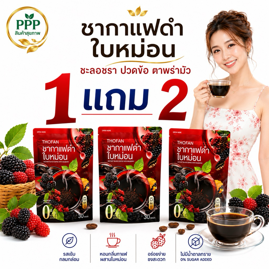ชากาแฟดำใบหม่อน ชากาแฟเพื่อสุขภาพ INSTANT BLACK TEA COFFEE WITH MULBERRY