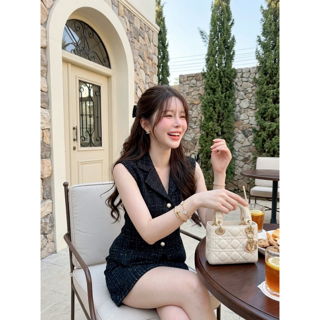 [LISA] A0932 ชุดเซตเสื้อคอปกแขนกุดแต่งกระดุมหน้าผ้าทวิตกระโปรงทรงเอ เรียบหรูดูแพงผู้ดีลุคคุณหนูใส่เที่ยว คาเฟ่ ดินเนอร์