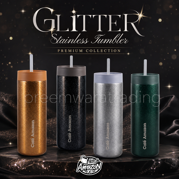 แก้วสแตนเลส Café Amazon Glitter Stainless Tumbler 22 ออนซ์ พร้อมฝาและหลอด มี 4 สี