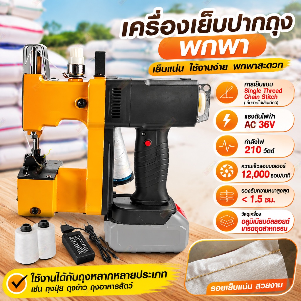 จักรเย็บกระสอบ เครื่องเย็บกระสอบ แบตเตอรี่ลิเธียม จักรเย็บกระสอบไร้สาย แถมอุปกรณ์อะไหล่และแถมด้ายฟรี10ม้วน