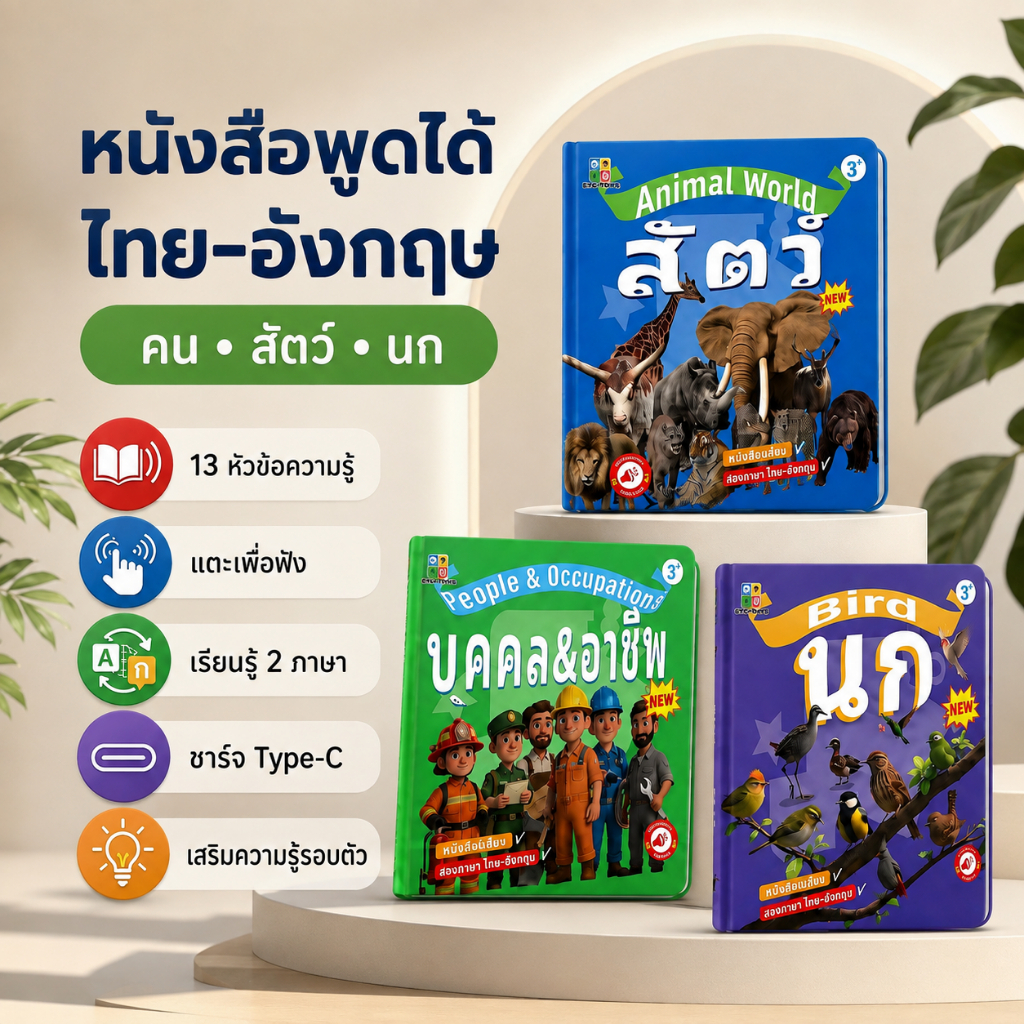 COD  หนังสือเด็ก หนังสือสองภาษา ไทย-อังกฤษ  หนังสือเสริมพัฒนาการ  13 หัวข้อเชิงปัญญา ชาร์จType-C  สำหรับเด็ก 3-10