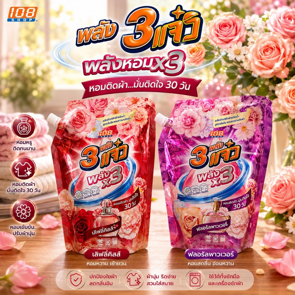 3แจ๋วพลัง3X 108Shop 3 แจ๋ว น้ำยาซักผ้าผสมสารปรับผ้านุ่ม สูตรเข้มข้น ปริมาณ 1250 มล.