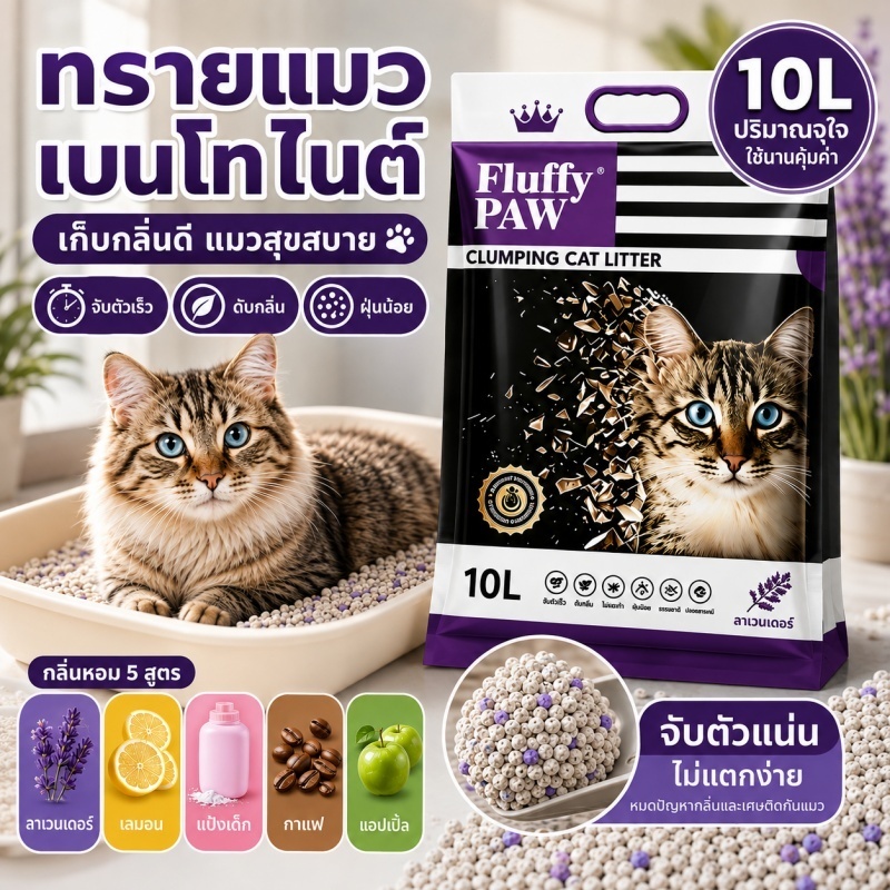ทรายแมวเบนโทไนต์ 10L จับตัวแน่น ไม่แตกง่าย ดับกลิ่น ฝุ่นน้อย