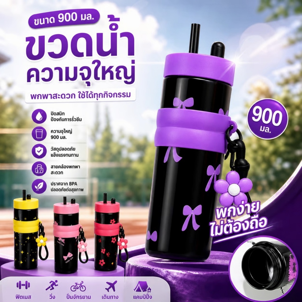 ขวดน้ำขนาดใหญ่ 900 มล. ลายดอกไม้โบว์น่ารัก พร้อมหลอดดูดและสายคล้องพกพา กันรั่วใช้ได้ทุกโอกาส