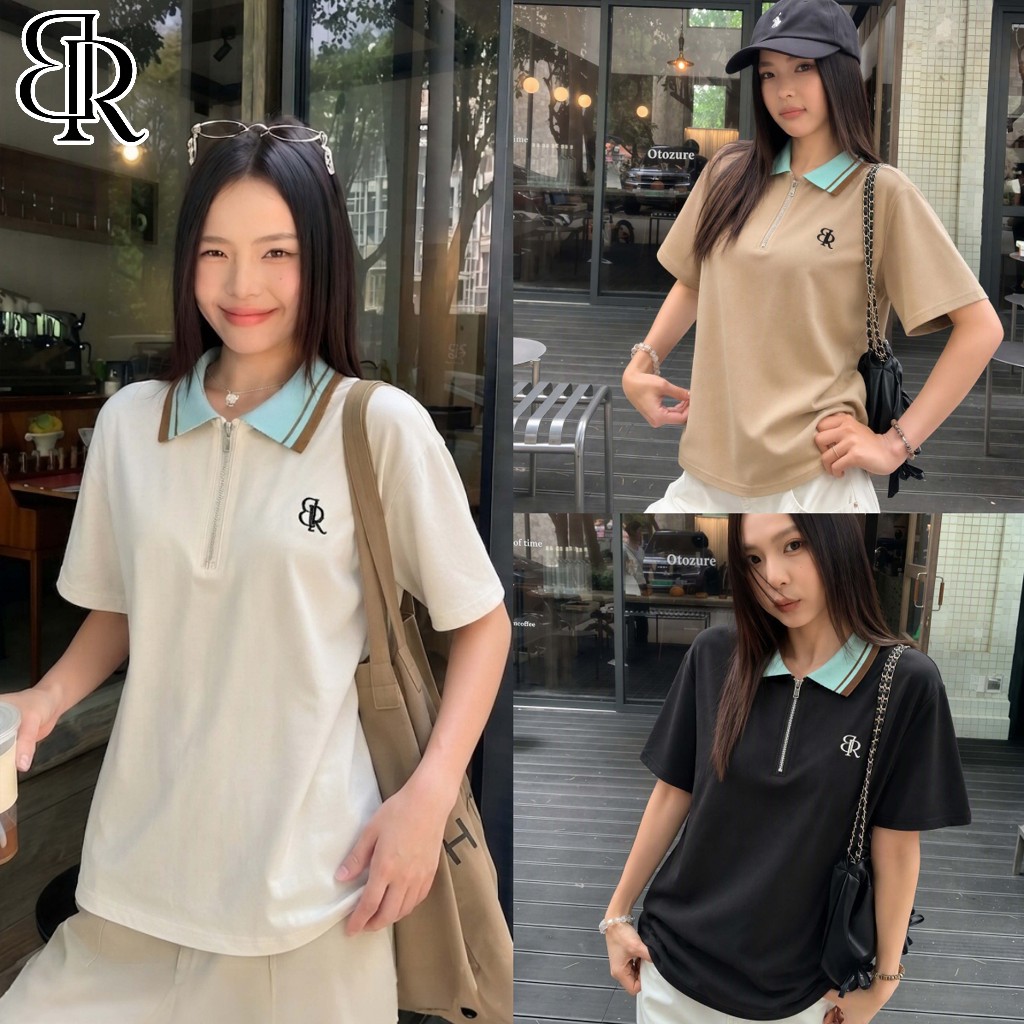 B&R พร้อมส่ง POLO เสื้อโปโลแขนสั้นผู้หญิง เสื้อทรงหลวม คอปกสีตัดกัน ซิปครึ่งหน้าอก ปักโลโก้ สไตล์เรียบง่าย