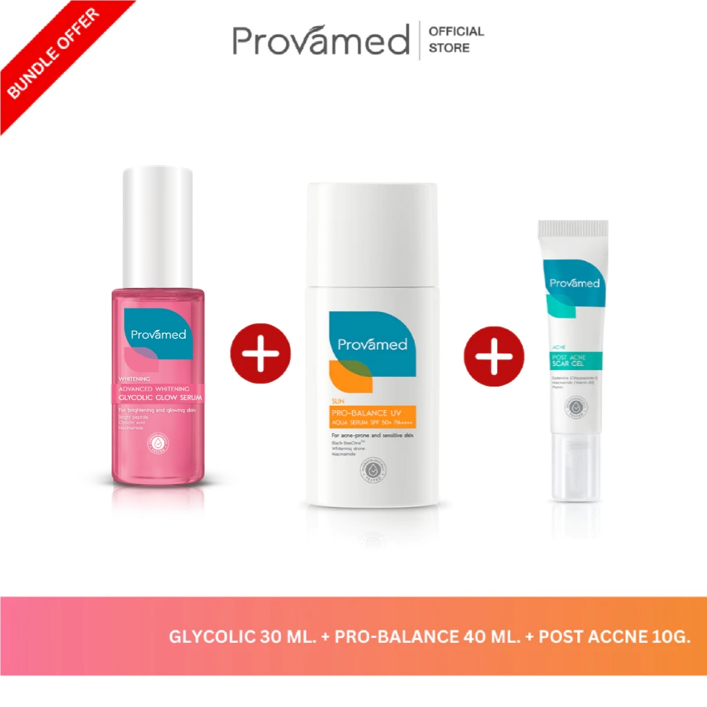 [SETผิวใสไร้ความหมอง] PROVAMED GLYCOLIC SERUM 30 ML, PRO-BALANCE 40 ML, POST ACNE SCAR GEL 10 G