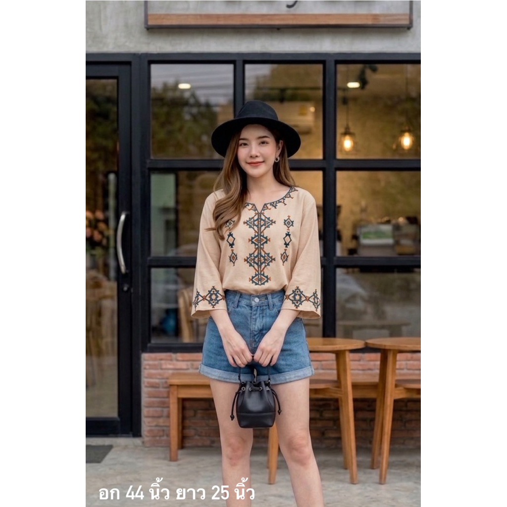 เสื้องานปัก โบฮีเมียน อก 44“, 46“ ยาว 24.5” (ขนาดจะแสดงอยู่ที่มุมซ้ายภาพนะคะ) ผ้าสปัน เนื้อดี ส่งไว สาวอวบ nudyda