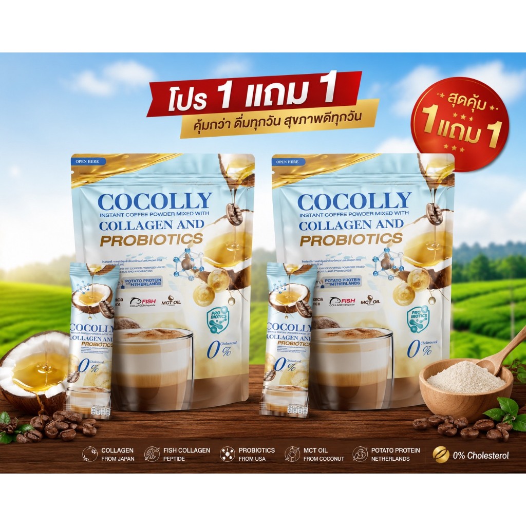 ซื้อ 1 แถม 1 กาแฟโคโคลี่คอลลาเจน สีฟ้า( 1ห่อมี 30 ซอง )