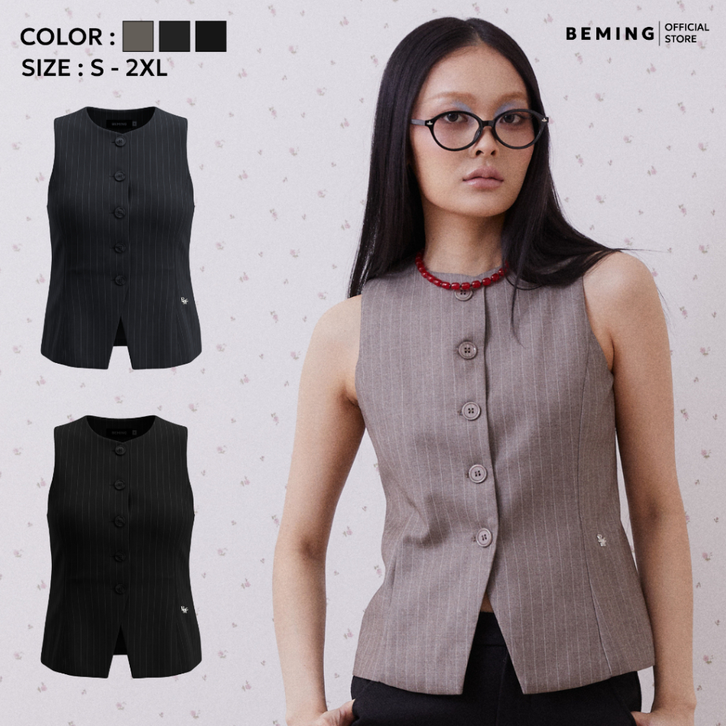 Bemingtop1251(S-2XL) - Rinne Vest Top - เสื้อ vest ลายทางทรงเข้ารูปดีไซน์คอกลมเหมาะใส่ทำงานและวันสบายๆ