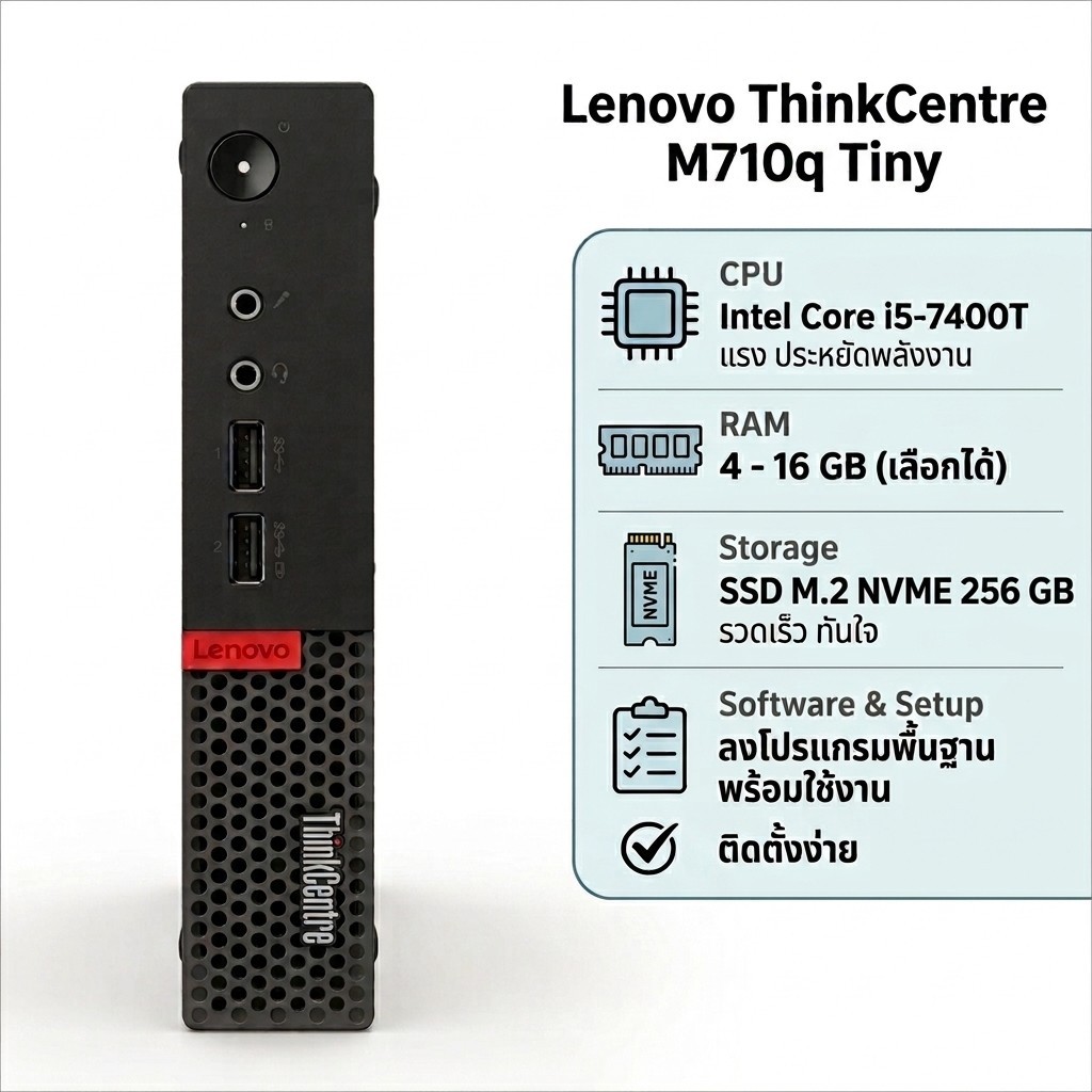 คอมมือสอง Mini PC  Lenovo รุ่น  M710q  CPU  Core i5-7400T ( Gen 7 ) 2.70 GHz Harddisk M.2  ลงโปรแกรม