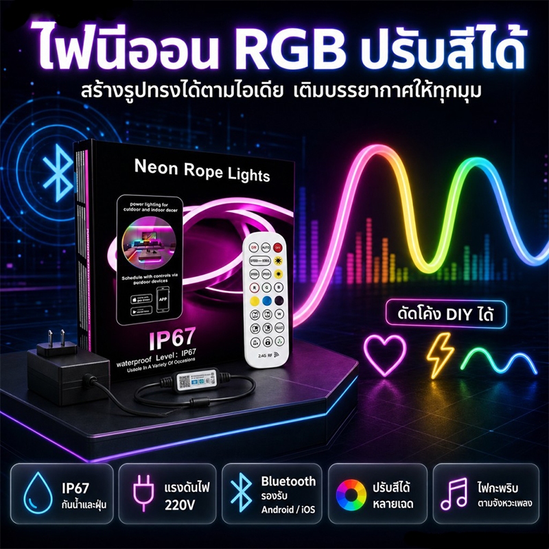 ไฟเส้น led Neon Flex Premium LED RBC IC ไฟวิ่งตามเพลง ดัดโค้งได้ ไฟแต่งห้อง/โต๊ะคอม กันน้ำ IP67