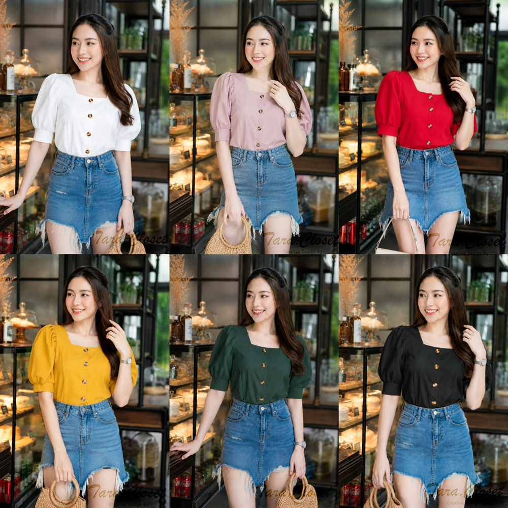 TUM039 TARA Sara เสื้อคอเหลี่ยม แขนพอง กระดุมหน้า ผ้าซาร่า ผ้าหนา ทรงสวย งานน่ารักมาก ใส่สบาย