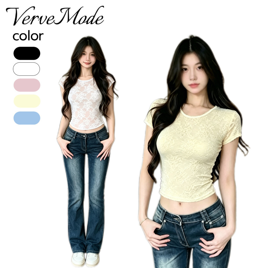 VerveMode.🍓จัดส่งในประเทศไทย🍓เสื้อแขนสั้น ลวดลายดอกไม้ลูกไม้ เรียบง่าย สีพื้น สไตล์หวาน