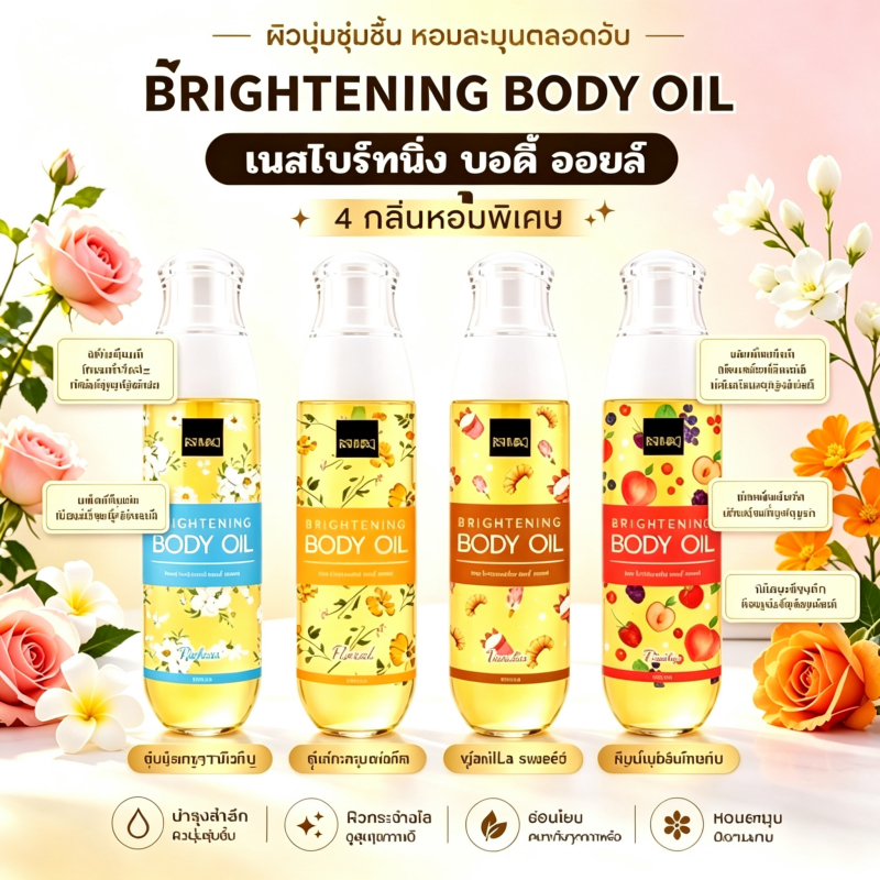 Brightening Body Oil 100ml น้ำมันบำรุงผิว Whitening Oil วิตามิน E ผิวกระจ่างใส ชุ่มชื้น ซึมไว ไม่เหนียวเหนอะหนะ ผิวนุ่มฉ