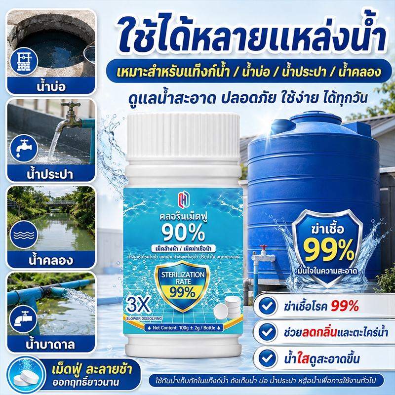 คลอรีนเม็ด เม็ดฟอกน้ำดื่มคลอรีนก้อนเม็ดฟู่ปรับสภาพน้ำทำน้ำใส สะอาด ฆ่าเชื้อโรค