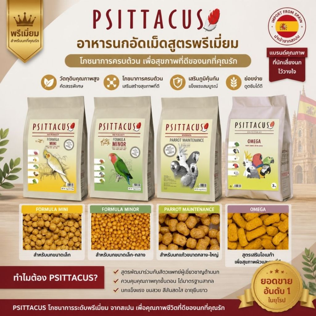 Psittacus อาหารเม็ดสำเร็จรูป สำหรับนกแก้วทุกสายพันธุ์ (แบ่งขาย 250G / 500G)