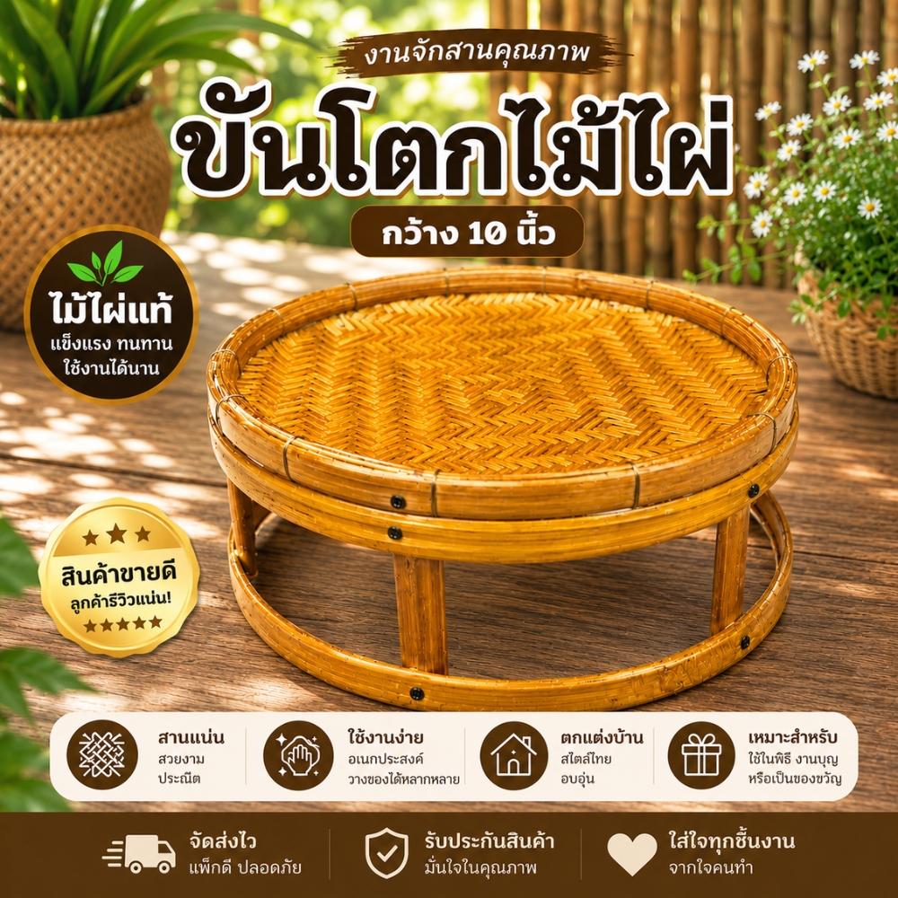ขันโตกสาน กว้าง 10 นิ้ว สูง 4 นิ้ว ขันโตก ขันโตกไม้ไผ่ (ขันโตกด้ง10นิ้ว)