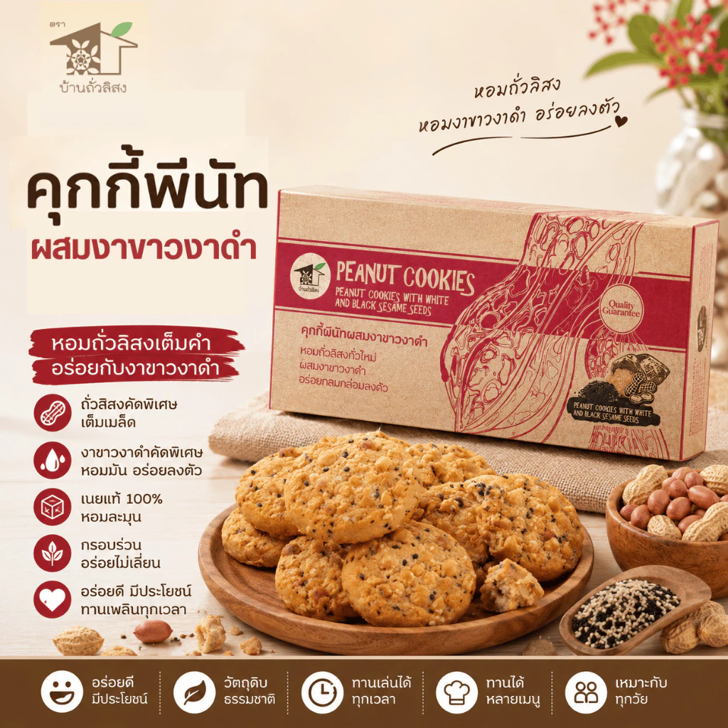 คุกกี้พีนัท ผสมงาขาวงาดำ 150g โฮมเมด หอมถั่วลิสง ขนม ทานเล่น ของฝาก OTOP น่าน บ้านถั่วลิสง