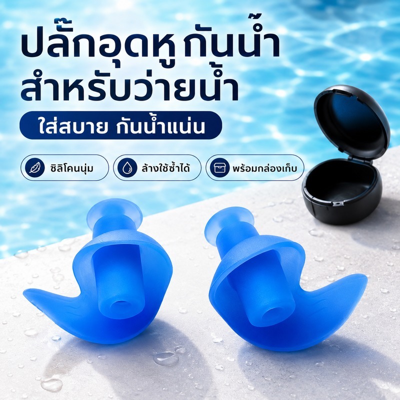 MKที่อุดหูว่ายน้ำ ซิลิโคนกันน้ำ 100% จุกอุดหูว่ายน้ำ นุ่มสบาย ไม่เจ็บหู กระชับไม่หลุดง่าย พร้อมกล่องเก็บ ใช้ซ้ำได้