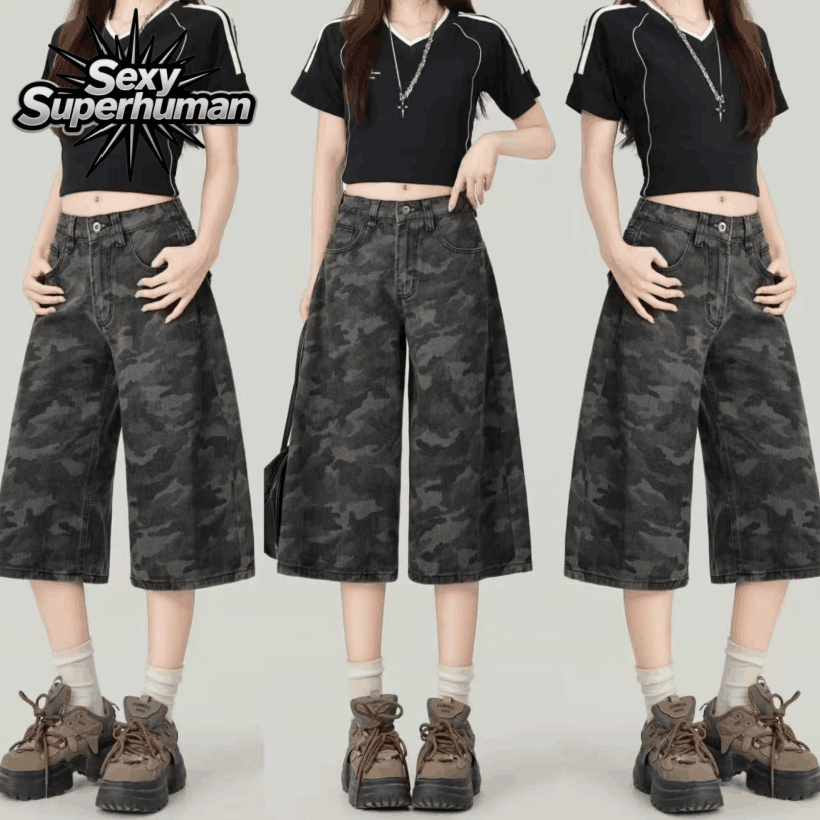 เสื้อตัวไหนก็เข้า! กางเกงยีนส์7ส่วนลาย Camouflage เอวสูงต่ำ ใส่ได้2แบบ ส่งฟรี ต้องมีติดตู้