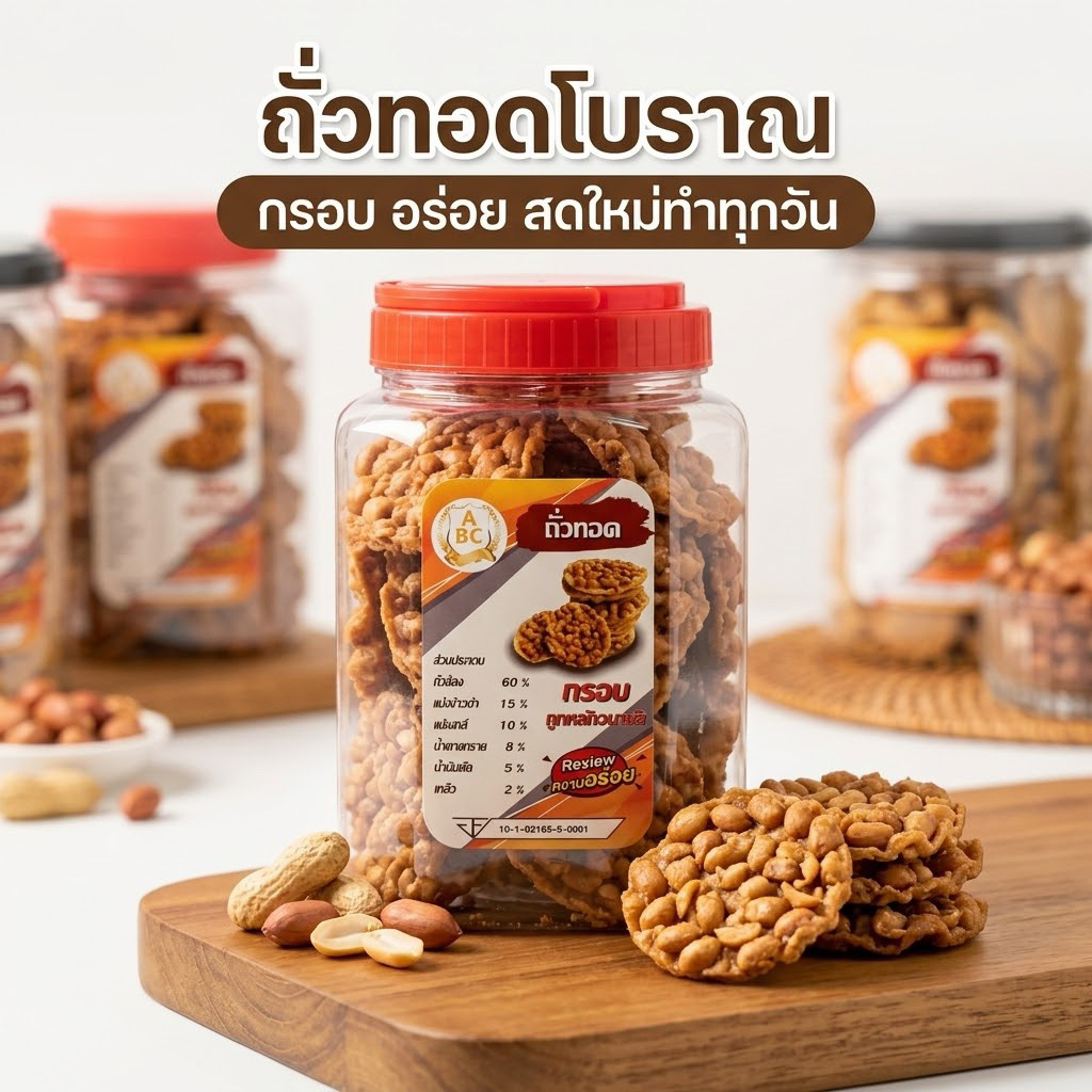 สดทำใหม่ทุกวัน (ถั่วกระปุกใหญ่ 15แผ่น) ถั่วแผ่นทอดโบราณ ถั่วกลอย  ถั่วทอดฝาแดง ขนมถั่วลิสง ส่งตรงจากโรงงาน