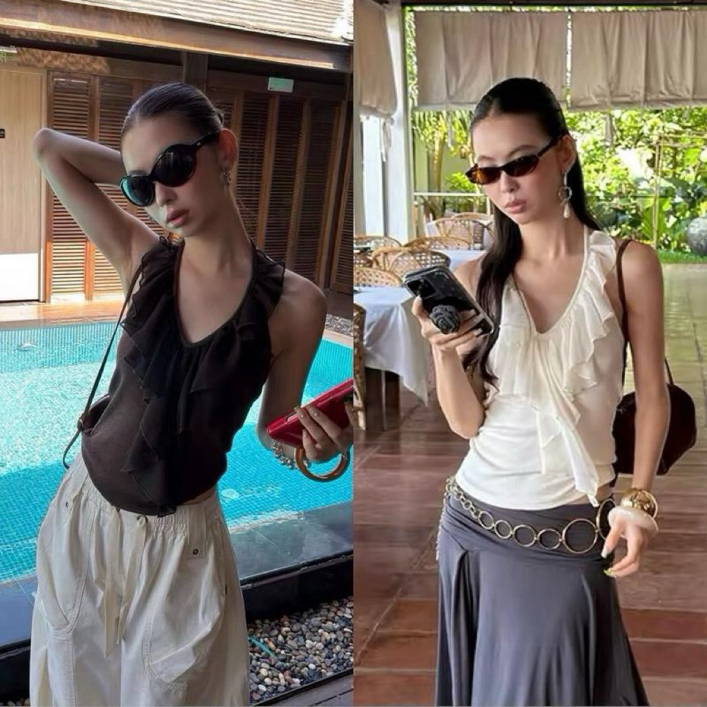 Glamorg1055-เสื้อแขนกุดคล้องคอระบาย เปิดหลัง