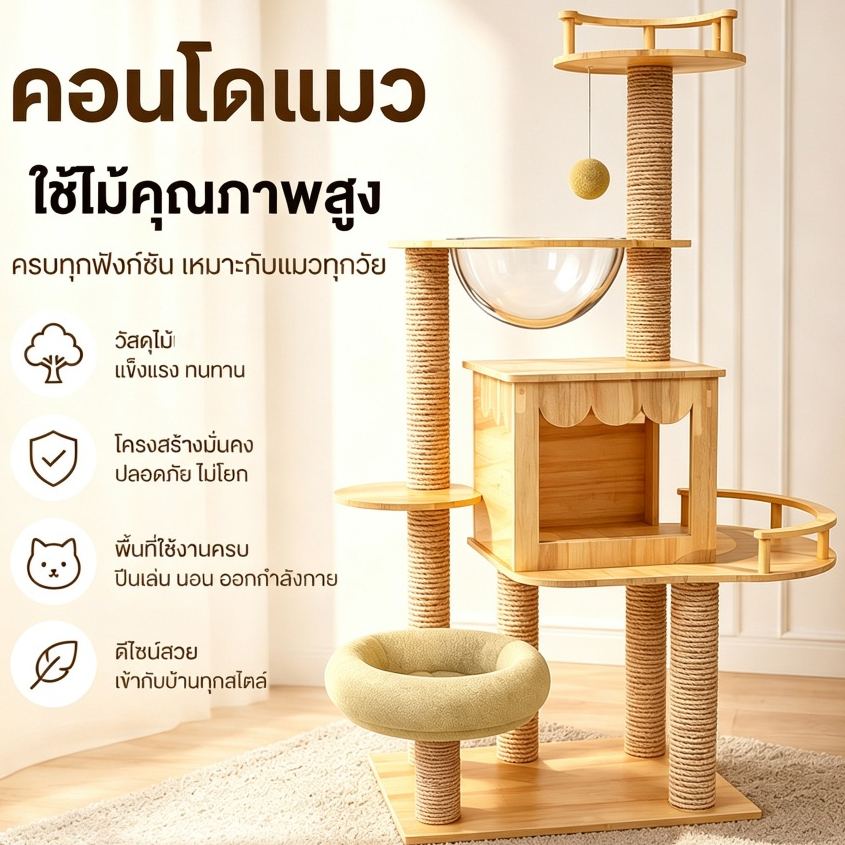 L&Q คอนโดแมว 132cm พร้อมรังแคปซูล โครงสร้างแข็งแรง มั่นคง ไม่โยกคลอน รองรับแมว 3-4 ตัว