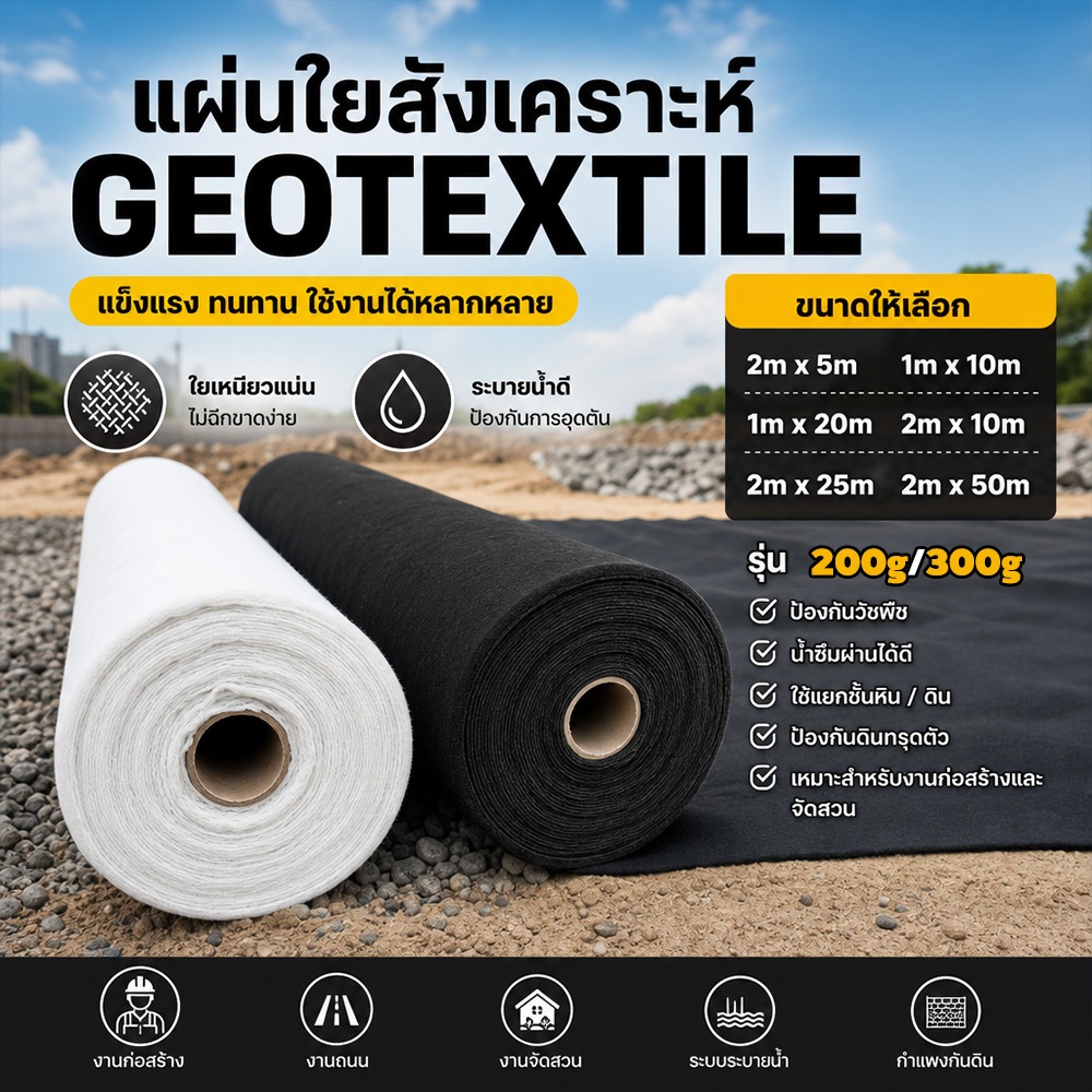 แผ่น Geotextile ใยสังเคราะห์ ป้องกันวัชพืช สีดำ สีขาว ใยสังเคราะห์แบบ Non Woven - สำหรับงานจัดสวน แผ่นรองจัดสวนปู
