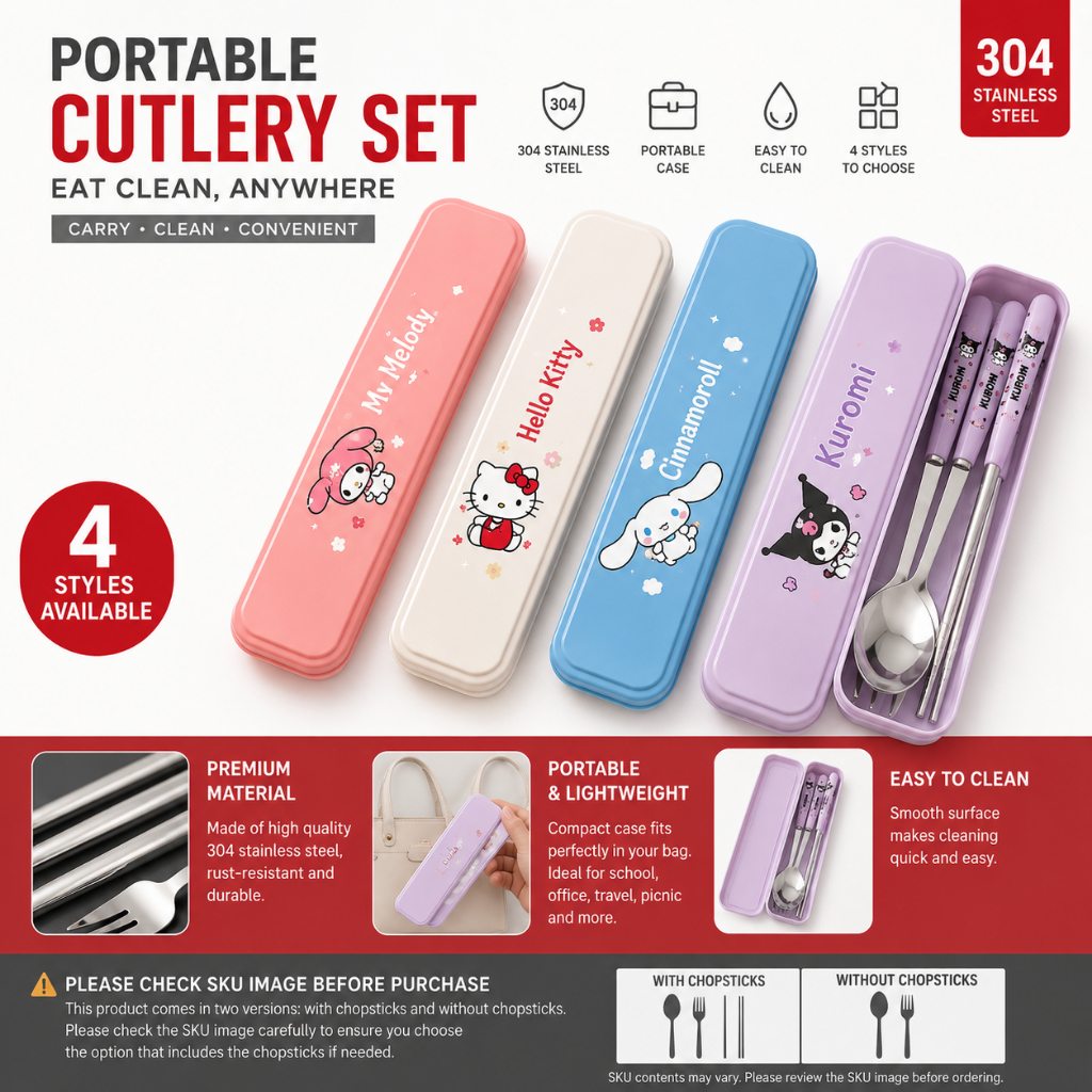 Set Alat Makan 3in1 Sendok Garpu Sumpit Stainless Steel Motif Kartun Lucu, Dilengkapi Kotak Penyimpanan Portabel, Cocok