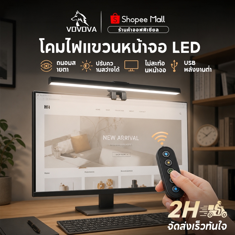 VOVOVA โคมไฟแขวนจอคอม LED 42cm ไฟติดจอคอม ถนอมสายตา ไม่สะท้อนจอ ปรับความสว่างได้ ปรับแสง 5 สี จอโค้ง/แบน