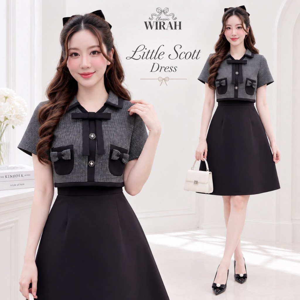 DW472R3 Little Scott Dress ชุดเดรสสั้น ท่อนบนกั๊กชายตรงผ้าทอทวิตลายตาราง แต่งสาบหน้าและขอบชายเสื้อด้วยผ้าพื้น