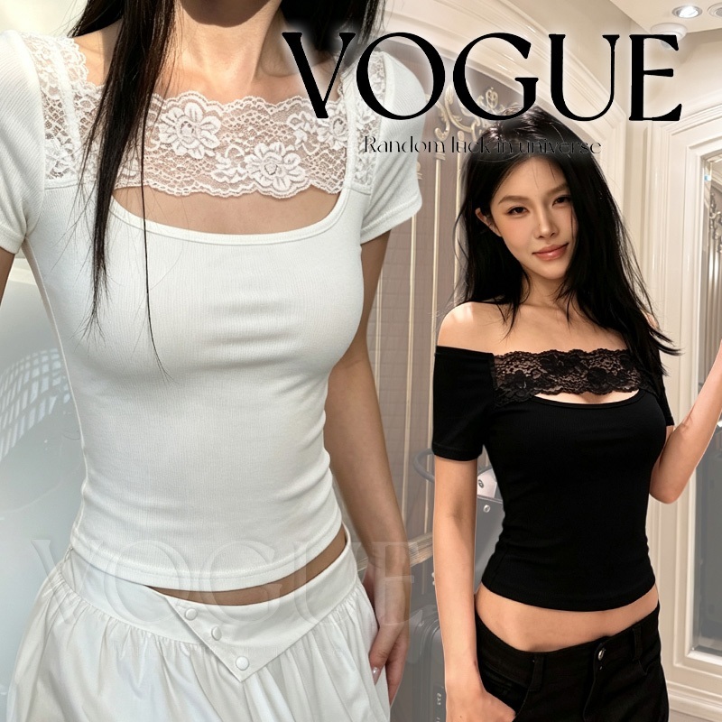Vogue🌟พร้อมส่ง🌟 เสื้อท็อปแขนสั้นคอไหล่เปิด ตกแต่งขอบลูกไม้ปักลายดอกไม้ ทรงครอปกระชับรูปร่าง สไตล์สาว
