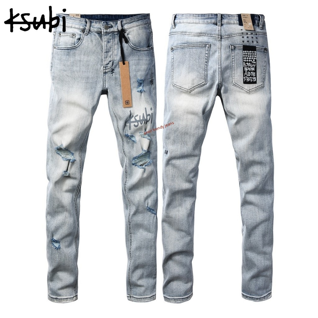 Ksubi กางเกงยีนส์ขาดสีอ่อนสำหรับผู้ชาย กางเกงพิมพ์ลายตัวอักษร 3071