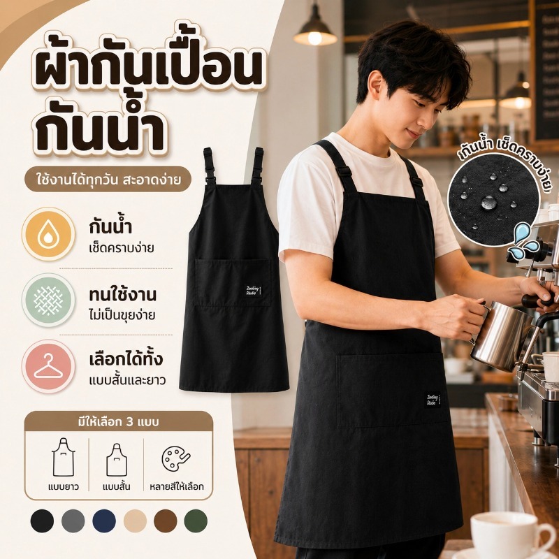 ผ้ากันเปื้อน ผ้าเทสลอน ปรับสายได้ มีกระเป๋าใหญ่ กันน้ำ ทนคราบสกปรก ผ้ากันเปื้อนหลายสี ดีไซน์เข้ากับทุกชุด